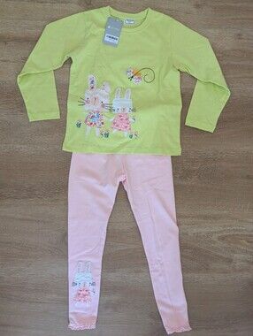 Girls Bunny Applique Two-Piece Set - Lime & Light Pink